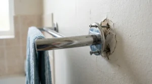 un toallero fijado a pared antes de toallero flojo