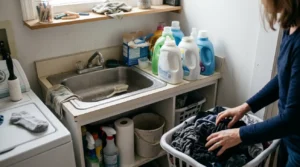 una zona de lavado reducida antes de organizar lavandería pequeña